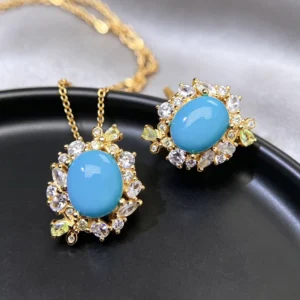 RENSINO Simple Design 925 Sterling Silver 18K Gold Plated Cut Natural Turquoise Fine Fashion Jewelry Set for Women Wedding Gift Party