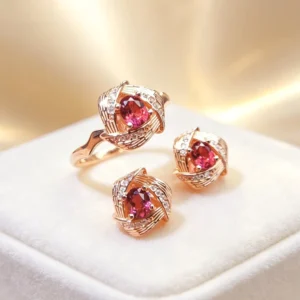 RENSINO Simple Design 925 Sterling Silver 18K Gold Plated Cut Natural pyrope Fine Fashion Jewelry Set for Women Wedding Gift Party