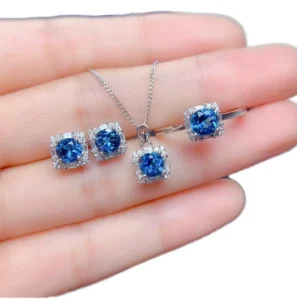 RENSINO Simple Design 925 Sterling Silver Rhodium Plated Cut Natural London Topaz Minimalist Necklace Earrings Ring Set Party Gift