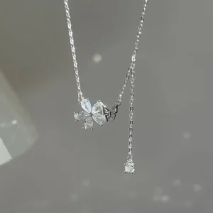 RENSINO Simple Design 925 Sterling Silver Zircon Flower Butterfly Pendant Tassel Chain Choker Necklace for Women