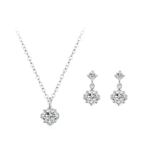 RENSINO Simple Design 925 Sterling Silver Zircon Flower Pendant Necklace Earrings Set for Women Simple Fashion Fine Jewelry