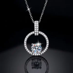 RENSINO Simple Micro Set Full Diamond Moissanite Circle Pendant S925 Sterling Silver Necklace for Women