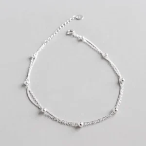 RENSINO Simple S925 Sterling Silver Double Beads Chain Woman Anklet for Women
