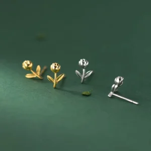 RENSINO Simple Silver Gold Tulips Stud Earrings 925 Sterling Silver Girls Summer Jewelry Gifts