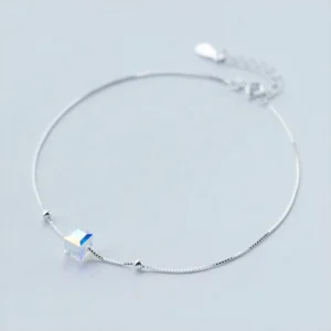 RENSINO Simple Snake Chain Anklet 925 Sterling Silver Trendy Colorful Square Crystal Beads Anklet for Women Fine Jewelry