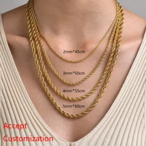 RENSINO Simple Stackable Stainless Steel Necklace Silver 18K Gold Non Tarnish Twist Chain for Women’s Party and Wedding Gifts
