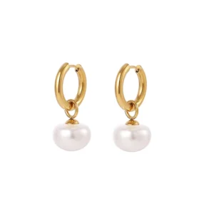 RENSINO Simple Stainless Steel 18K Gold Plated Imitation Pearl Pendant Earrings Titanium Steel PVD Women’s Pearl Earring