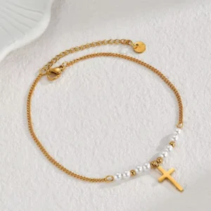 RENSINO Simple Temperament Orthodox Cross Pendant Anklet Stainless Steel Pearl Jewellery Women Non Tarnish Jewelry TGJL868