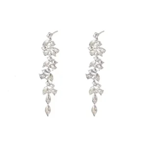 RENSINO Sliver Maple Leaf Tassel Long Earrings for Women Shiny Rhinestone Wedding Drop Earrings Party Jewelry Gifts