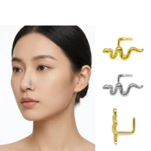 RENSINO Snake Jewelry Nose Ring Gold Snake Nose Stud Rings L Shaped Nose Piercing Jewelry 20G