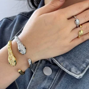RENSINO Snake Shape Tennis Bracelets 18k Gold Silver Plated Full Zircon Diamond Jewelry Bangles Rings Set for Women