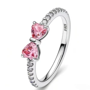RENSINO Solid 925 Sterling Silver Women’s Pink Bow Ring Rhodium Plated Gemstone with Bezel Setting Sparkling Pink CZ Statement Logo Ring