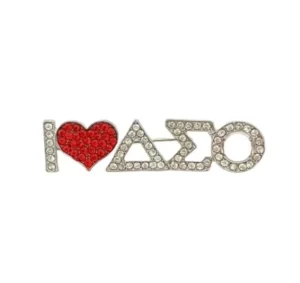 RENSINO Sorority Exquisite White and Red Rhinestones Inlaid with I love DST Shaped Metal Brooches Sorority Jewelry Pins