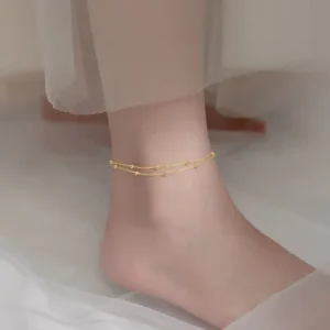 RENSINO Spacer Beads Double Chain Double Layered 925 Silver Jewelry Ladies Anklets for Women Gold Plated