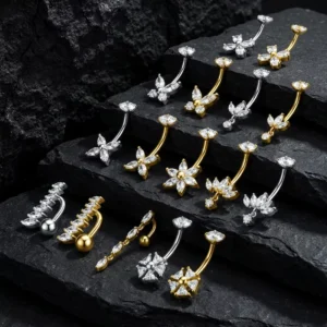 RENSINO Sparkling 5A Zircon Stainless Steel Belly Button Ring Flower Butterfly Navel Piercing Jewelry for Summer Beach Party