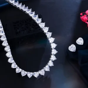 RENSINO Sparkling Clear White Cubic Zirconia Love Heart Shape Choker Necklace Earrings Engagement Bridal Party Jewelry Set for Women
