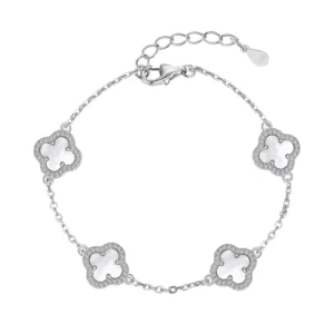 RENSINO Sparkling Women 925 Sterling Trendy Silver Bracelets Zircon 4 Clover Colorful Stone Link Chain Bracelet Jewelry
