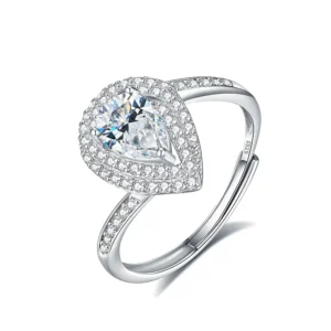 RENSINO Special-shaped Moissanite 0.8 Karat 5x7mm Teardrop S925 Silver Adjustable Opening Ring Vintage Style Rhodium Plated Women’s