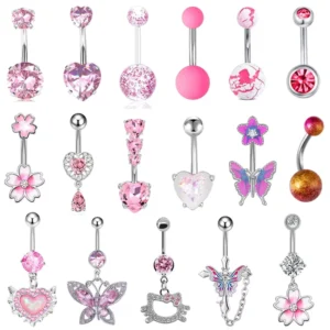 RENSINO Spice Girl Heart Belly Ring Pink Acrylic Belly Button Stud Sexy Ladies Nightclub Body Piercing Accessories