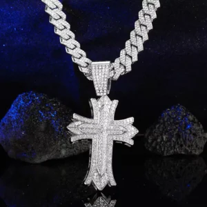 RENSINO Spiritual Jewelry Religious Iced Out Jesus trapstar Silver Moissanite Gold Cuban Chain with Cross Pendant Necklace for Mens