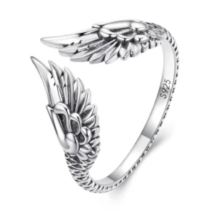 RENSINO Spot 925 Sterling Silver Retro Oxidized Angel Wing Adjustable Women’s Ring