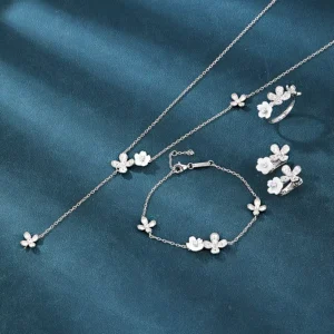 RENSINO Spring and Summer New 925 Sterling Silver butterfly Shell Flower Pendant Necklace, Ring, Earring Bracelet 4-piece Set