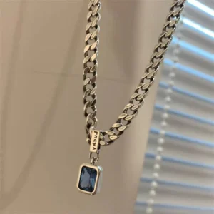 RENSINO Square Pendant Necklace With Blue Stone Design For Women Vintage Geometric Clavicle Chain Hip Hop Jewelry