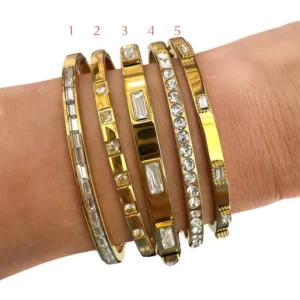RENSINO Square White Diamond Trendy Bracelet Stainless Steel US Retro Anti tarnish Cuff Bangles