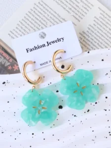 RENSINO St Patrick’s Day Teal Clover Hoop Earrings Marble Acrylic Gold Accent Drop Earrings Trendy Festive Jewelry Hot Selling for Women