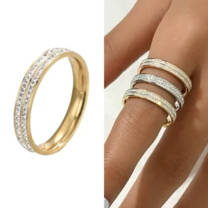 RENSINO Stackable Classic Geometric Stainless Steel Ring Fashion Jewelry for Women Stainless Steel Pave Rings 2 Row Eternity Band Ring