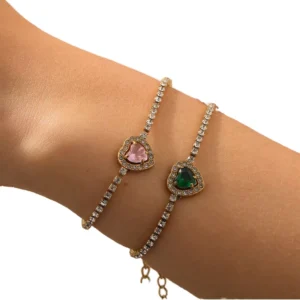 RENSINO Stainless Steel 18K Gold Plated Heart Bracelet Pink Green Zircon Sparkling Pav Peach Trendy Women’s Jewelry Gift