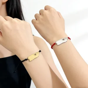 RENSINO Stainless Steel 18k Gold Plated Puerto Rico Map Charm Bracelets Black Cord Red String Boricua Map Charm Bracelet