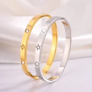 RENSINO Stainless Steel 18k Gold plated Bracelet Carved Stars Moon Inlaid Rhinestones Women Fashion Jewelry Bangle Waterproof Non Fading