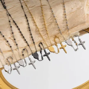 RENSINO Stainless Steel 4mm Beaded Chain Cross Pendant Necklace 18k Gold Plated Buddhist Religious Necklace for Women & Men