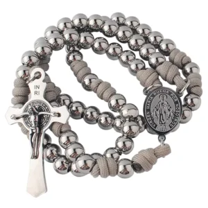 RENSINO Stainless Steel 8mm Beads Paracord Silver Rosary with Stainless Steel Virgin Mary Center and St. Benedict Crucifix for Men