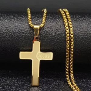 RENSINO Stainless Steel Baptism Cross Necklace Simple Men Jesus Letter Cross Necklace for Christian Gifts