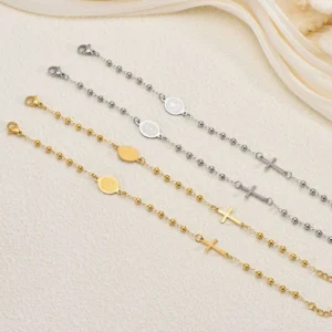 RENSINO Stainless Steel Beaded Virgin Mary Bracelet Charm Rosary Cross Chain Unisex Christian Geometric 18K Gold Plated Jewelry