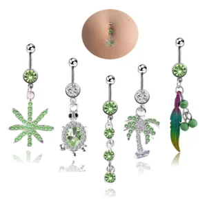 RENSINO Stainless Steel Belly Ring Set with Green Leaf Diamond Turtle Feather Ladies Accessories for Engagement Parties