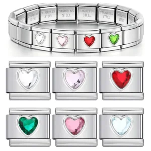 RENSINO Stainless Steel Birthstone Heart Italian Charm Bracelet