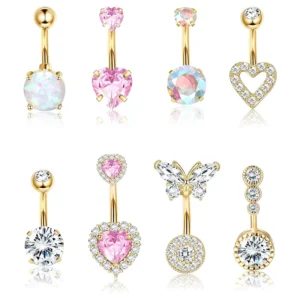 RENSINO Stainless Steel Body Jewelry Double Headed Circular Heart Belly Button Rings Zircon Piercing Jewelry
