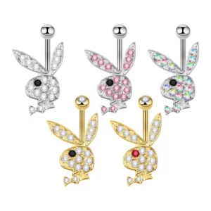 RENSINO Stainless Steel Body Piercing Jewelry Cute Zircon Rabbit Navel Ring Crystal Bunny Belly Button Ring