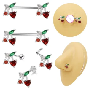 RENSINO Stainless Steel Body Piercing Jewelry Kit Cute Cherry Fashion Silver Surgical Steel Nose Stud Breast Jewelry