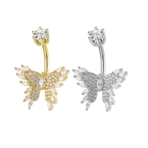 RENSINO Stainless Steel Butterfly Navel Ring Zircon Navel Nail Human Puncture Perforation Silver Plated Popular Europe America Exquisite