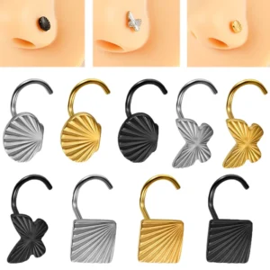 RENSINO Stainless Steel Butterfly Nose Stud Stripe Shell Nose Ring Square 5 Shape Curved Bar 20G Plated Piercing Nose Jewelry