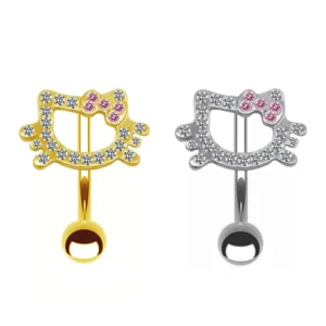 RENSINO Stainless Steel CZ Belly Button Piercing Hello Kitty Navel Barbell Jewelry Cute Belly Button Ring Sexy Navel Ring for Women