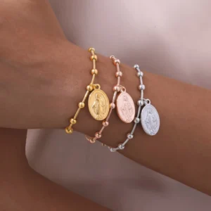 RENSINO Stainless Steel Charm Bracelet 18K PVD Gold Plated Beads Chain Cross Virgin Mary Bracelets Prayer Jewelry