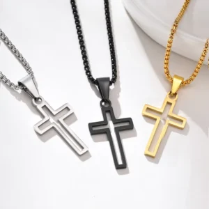 RENSINO Stainless Steel Christian Catholic Religious Punk Necklace Silver Black 18K Gold Pearl Chain Cross Necklace for Men Women