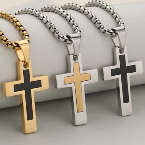 RENSINO Stainless Steel Cross Pendant Necklace For Men Women Two Tone Gold Silver Religious Jewelry Fashion Clavicle Chain Gift