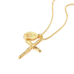 RENSINO Stainless Steel Cross with Miraculous Medal 18K Gold Plated Mother Virgin Mary Necklace Christian Jewelry Religious Gift for Her
