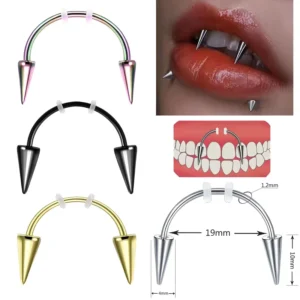 RENSINO Stainless Steel Devil & Vampire Lip Studs C bar Tiger Tooth Lip Studs Body Piercing Jewelry Children’s Prank Jewelry